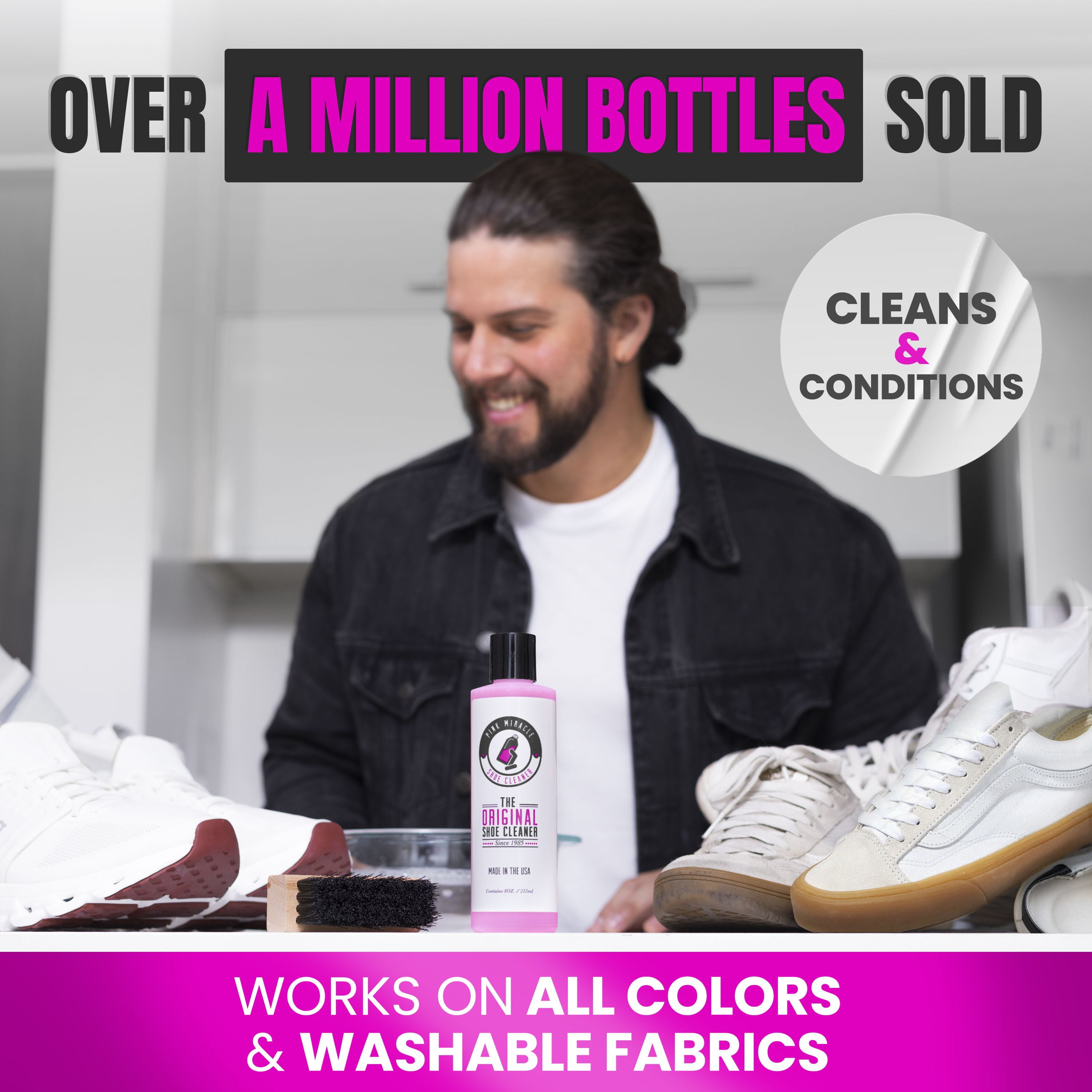 Pink Miracle Shoe Cleaner Kit with Brush - 8 OZ. Fabric Cleaner for Leather, Suede, Nubuck and White Sneakers