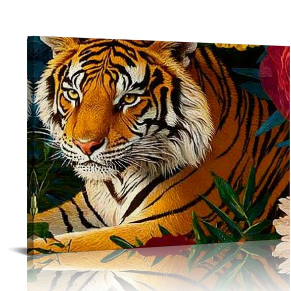FCXZI Jungle Animal Canvas Wall Art Lion Tiger Leopard Painting Safari Animal with Flowers Picture Prints Vintage African Animal Head Artwork for Home Office Decor 16x12in