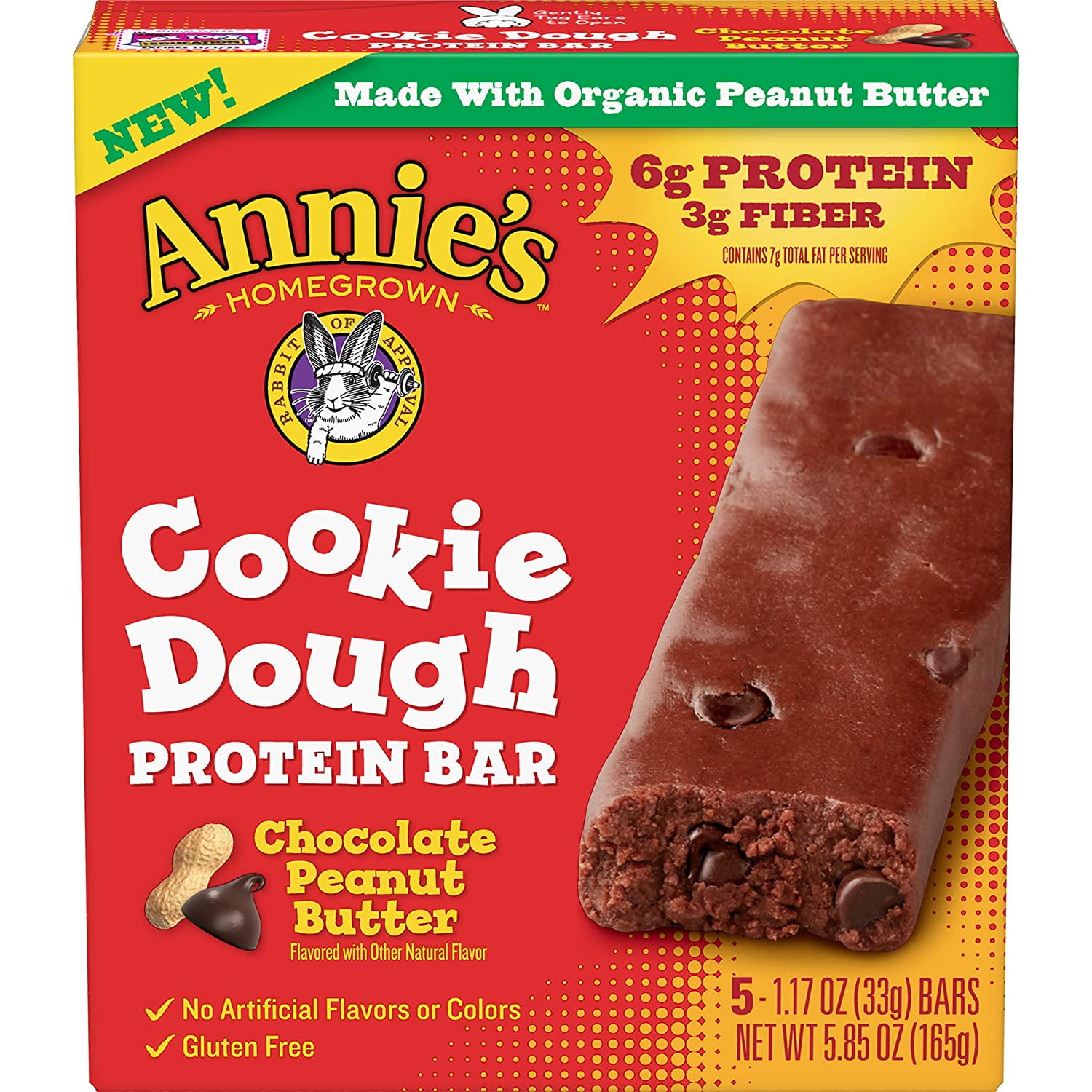 Annies Homegrown Cookie Dough Protein Bar Chocolate Peanut Butter, 5.85