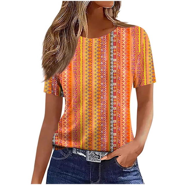 Tops de Manga Corta de Algodón para Mujeres Cuello Redondo Impreso Casual, Blusa de Moda para el Hogar Y el Uso Diario
