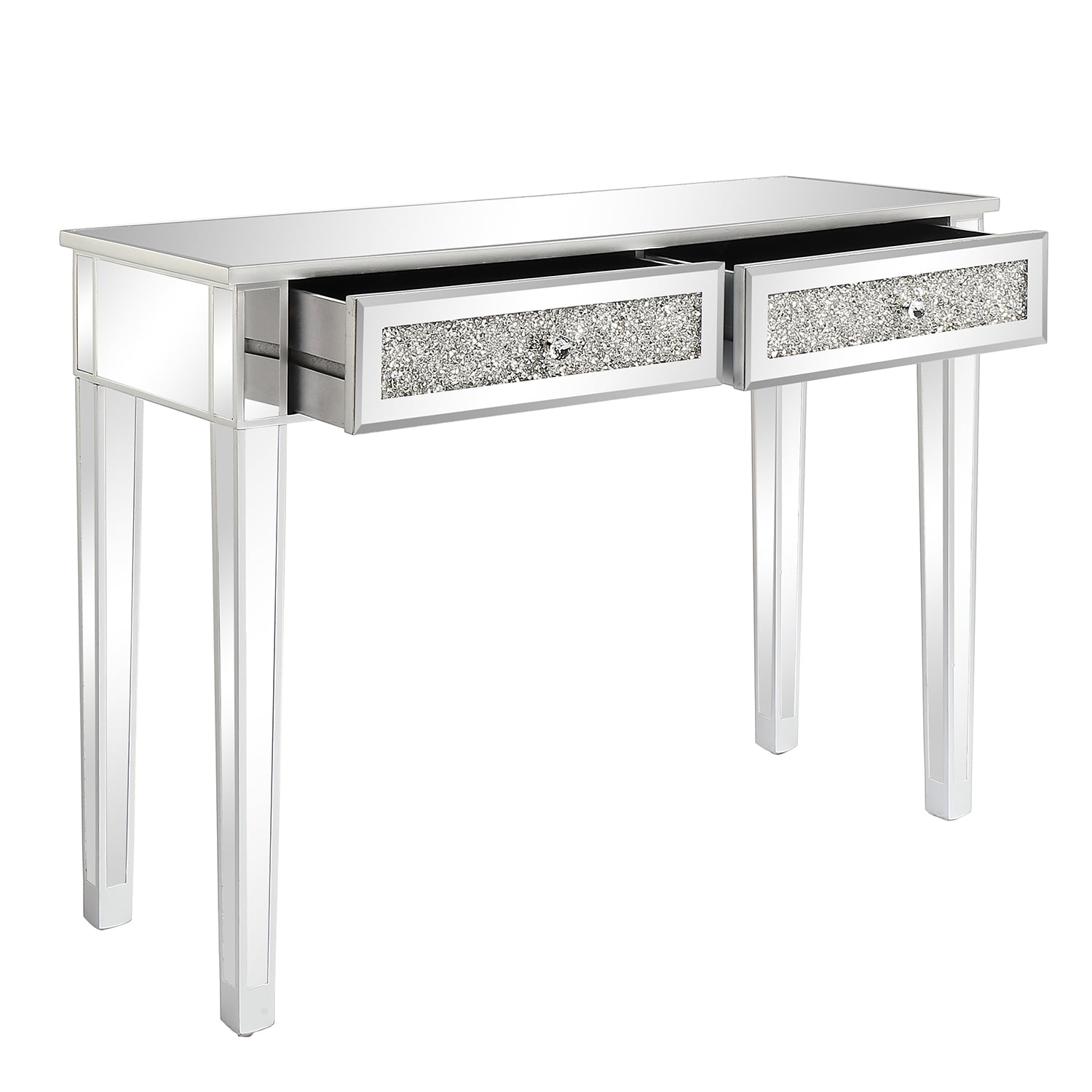 2-Drawer Modern Diamond-Embellished Mirrored Desk, Silver, 42 x 15 x 29.92 in