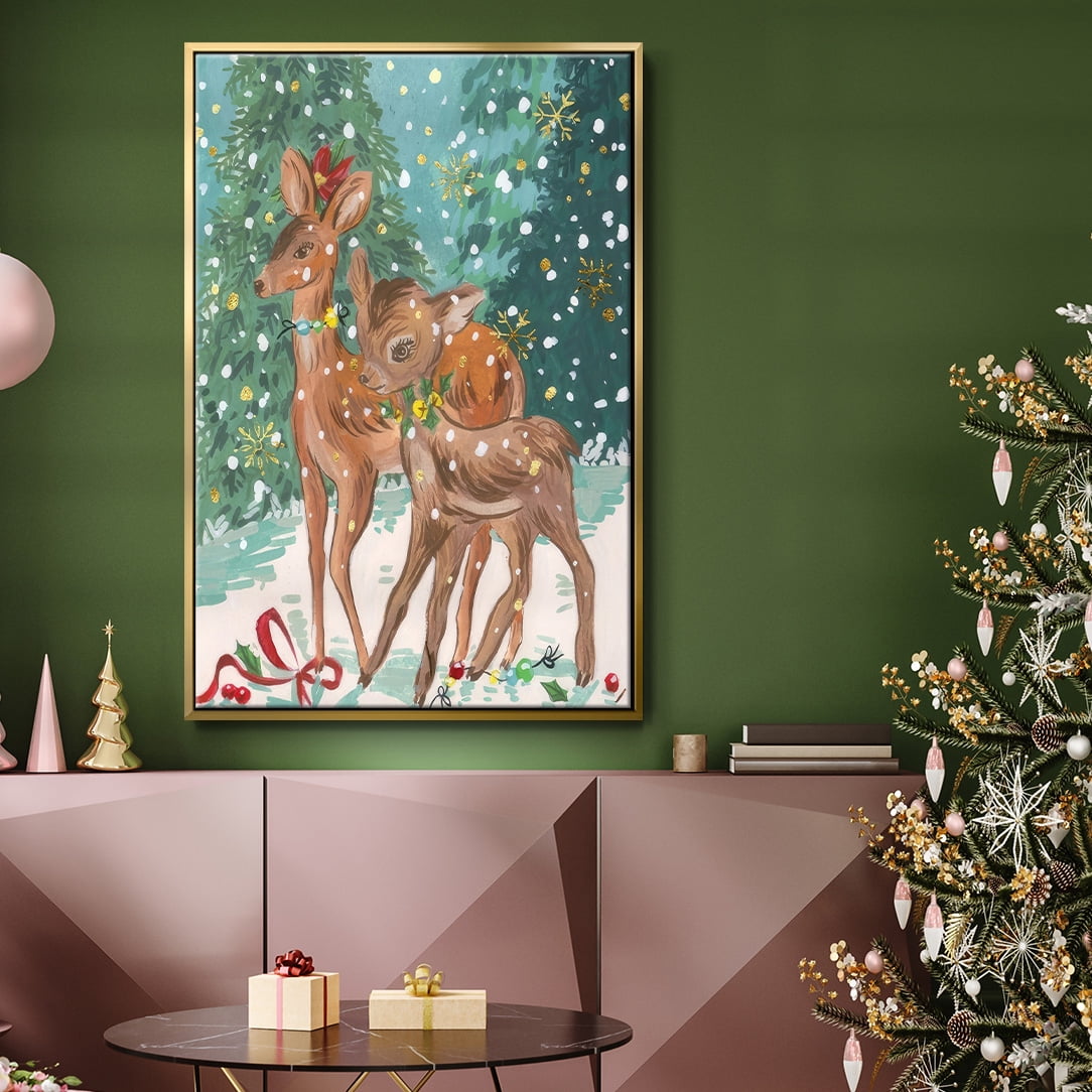 Doe and Fawn I - Framed Gallery Wrapped Holiday Canvas - 17 x 25 - Gold Frame