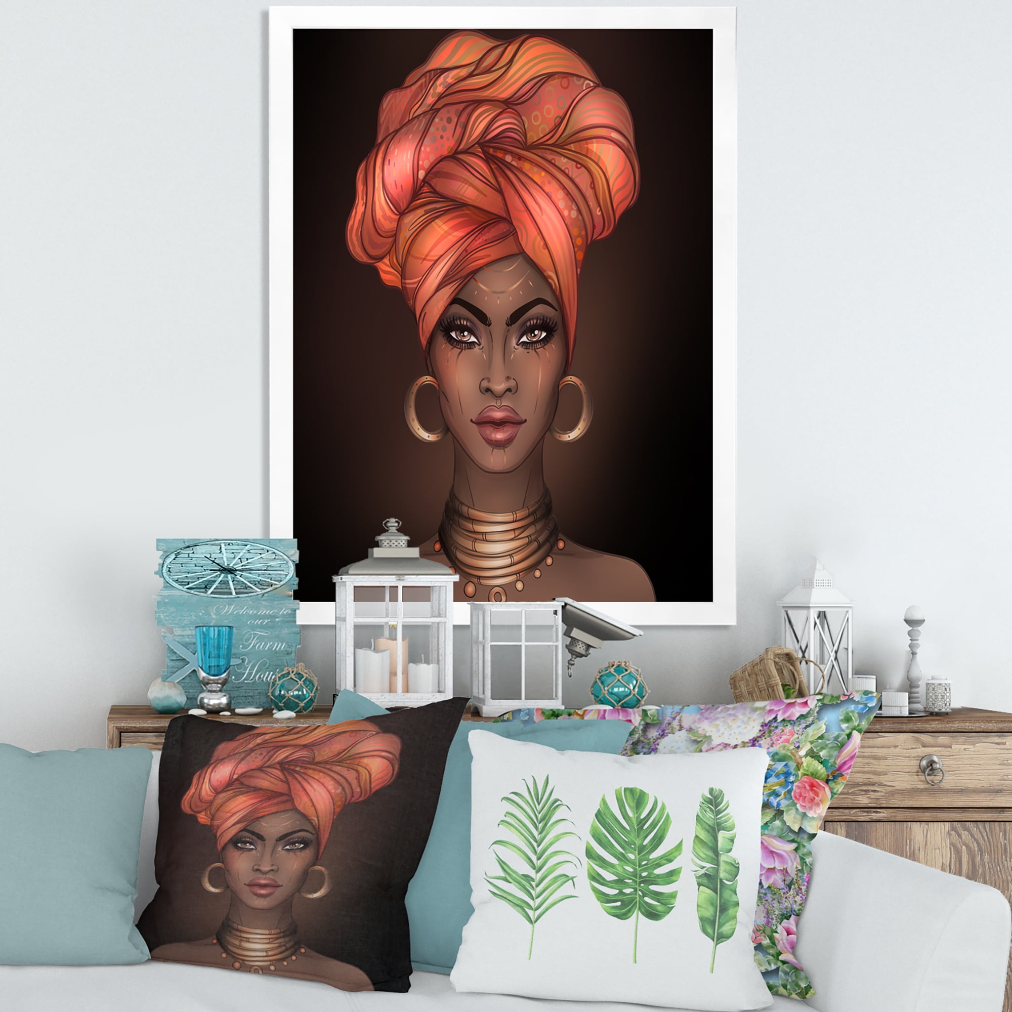 Designart 'African American Woman Portrait with Turban V' Modern Framed Art Print