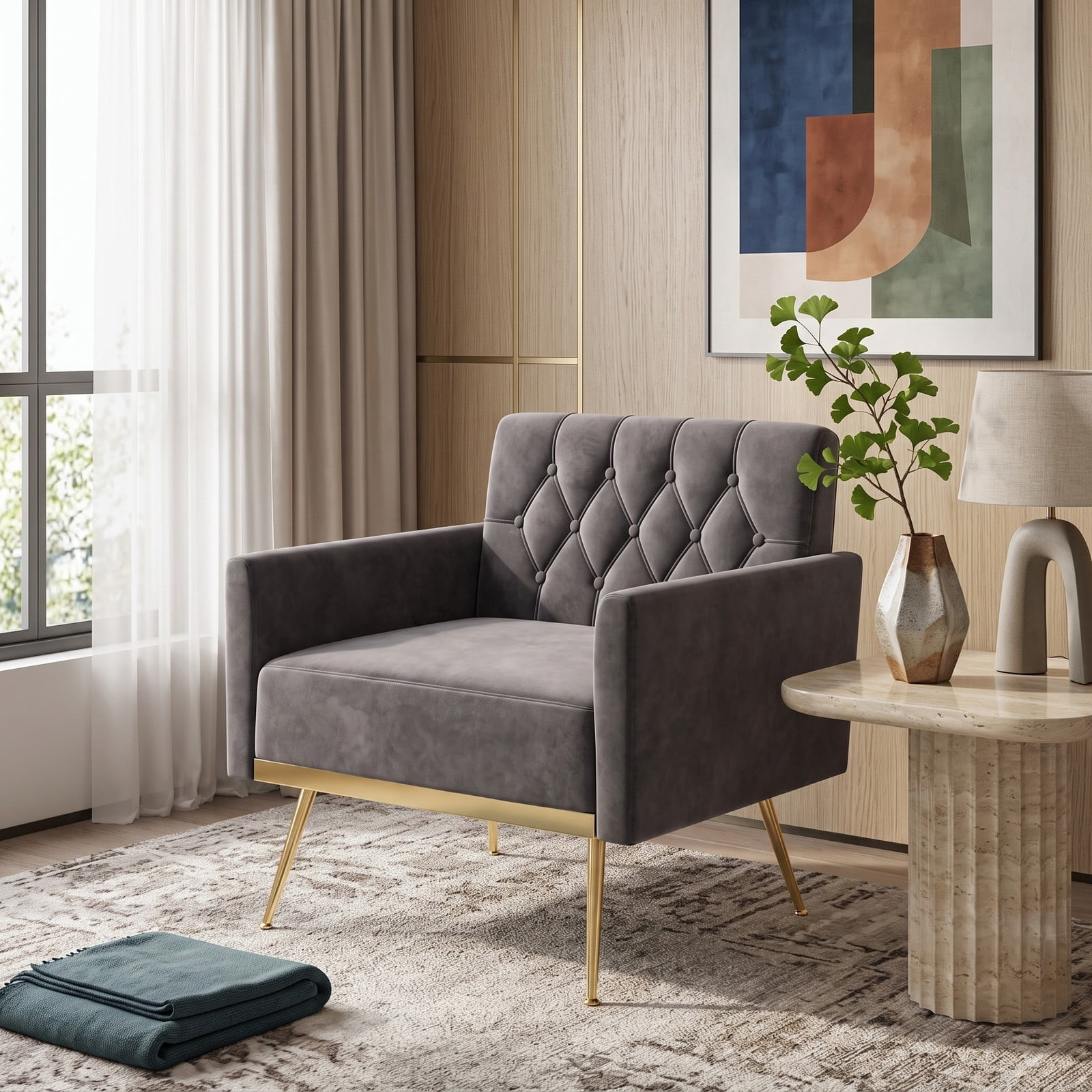 Furnibear Modern Velvet Accent Chair, Upholstered Button-Tufted Single Sofa Armchair with Adjustable Feet and Metal Legs for Living Room Bedroom Office, 350 lbs, Gray