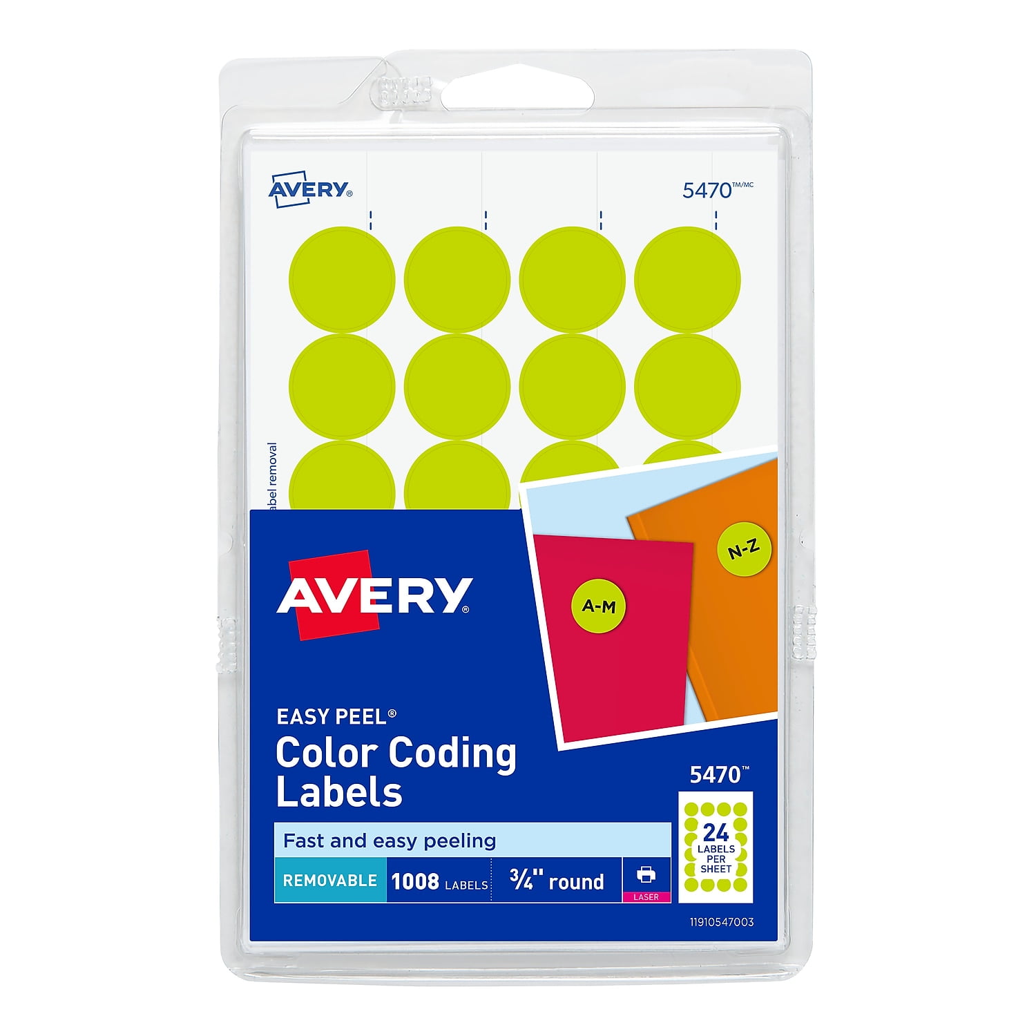 Avery Easy Peel Laser Color Coding Labels 3/4' Dia. Neon Yellow 24/Sheet 538090