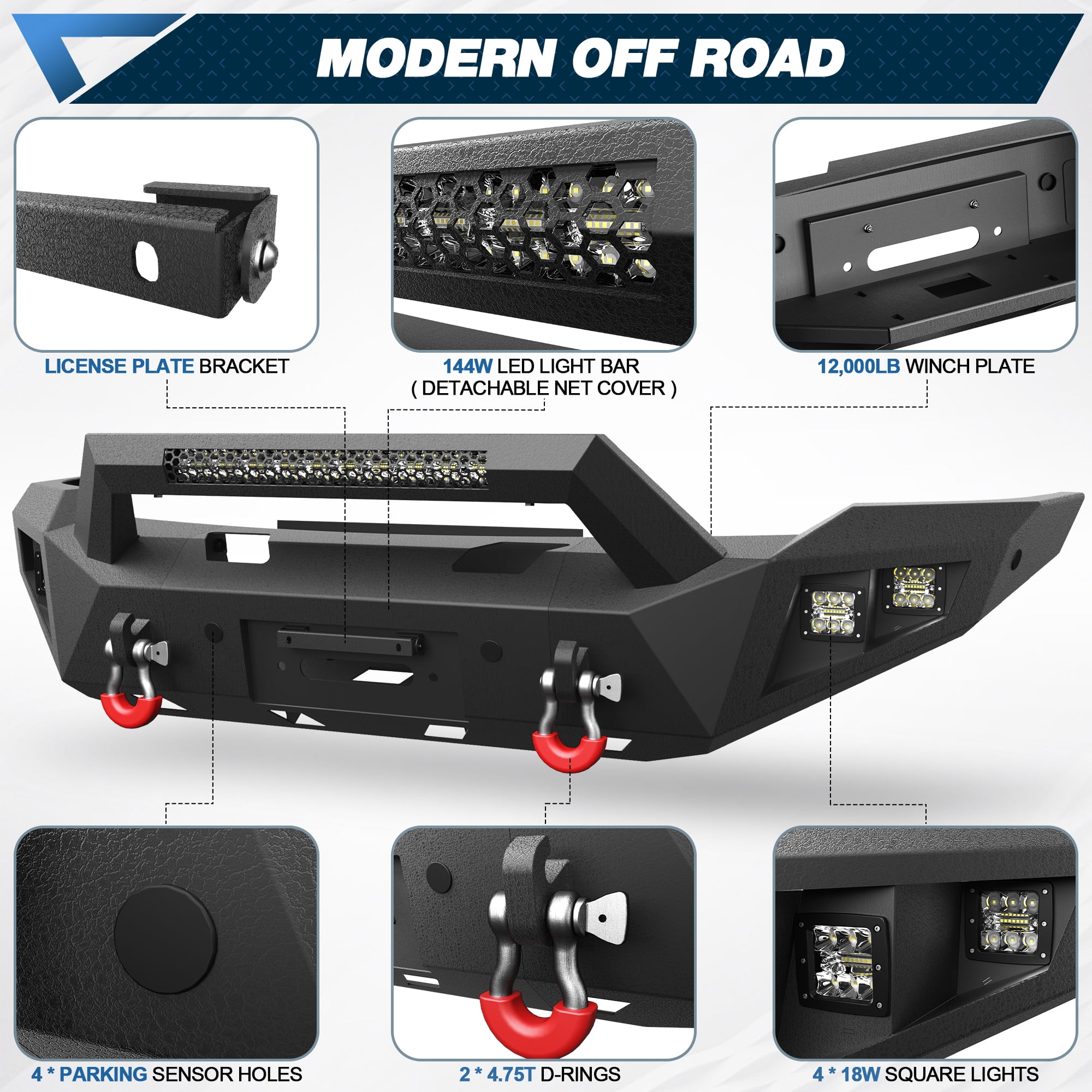 POFENZE Fits 2006 2007 2008 Dodge Ram 1500 Front Bumper Pickup Truck Bumper w/Winch Plate LED Lights