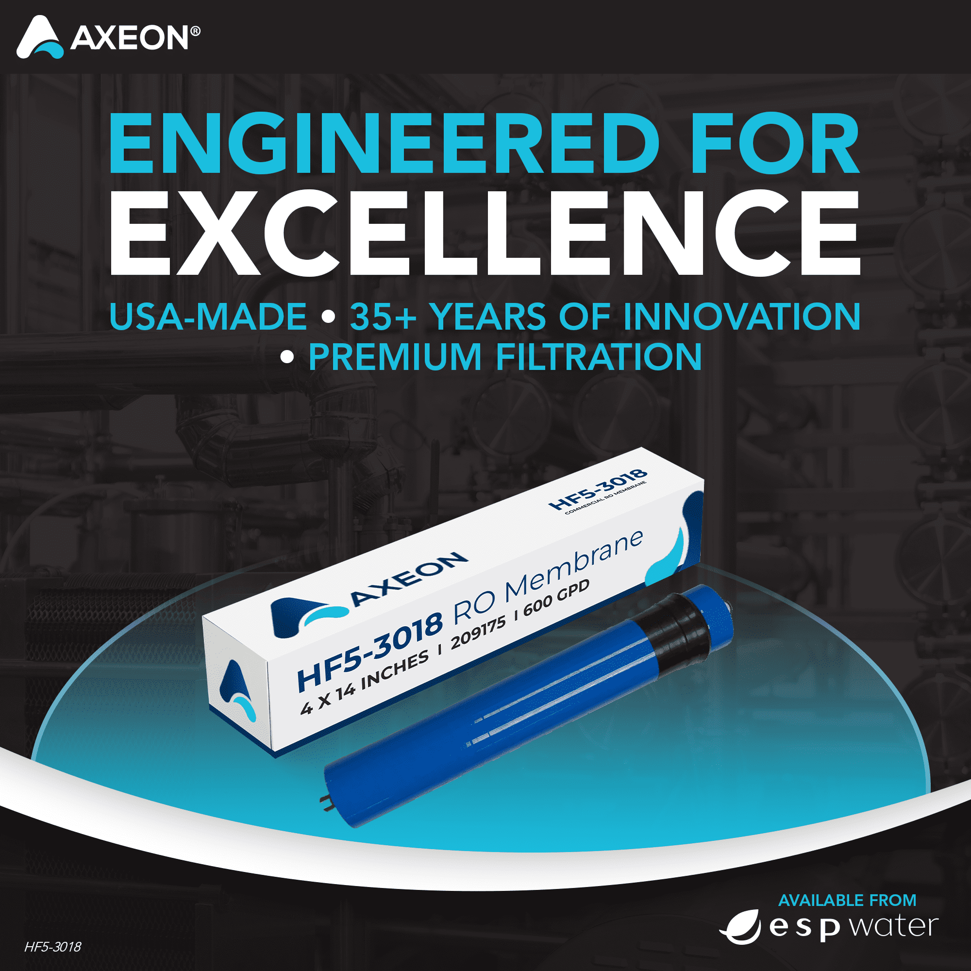 Axeon HF5-3018 RO Membrane Replacement, 600 GPD, 80 PSI, 4" x 14", Polyamide Thin Film, 209175