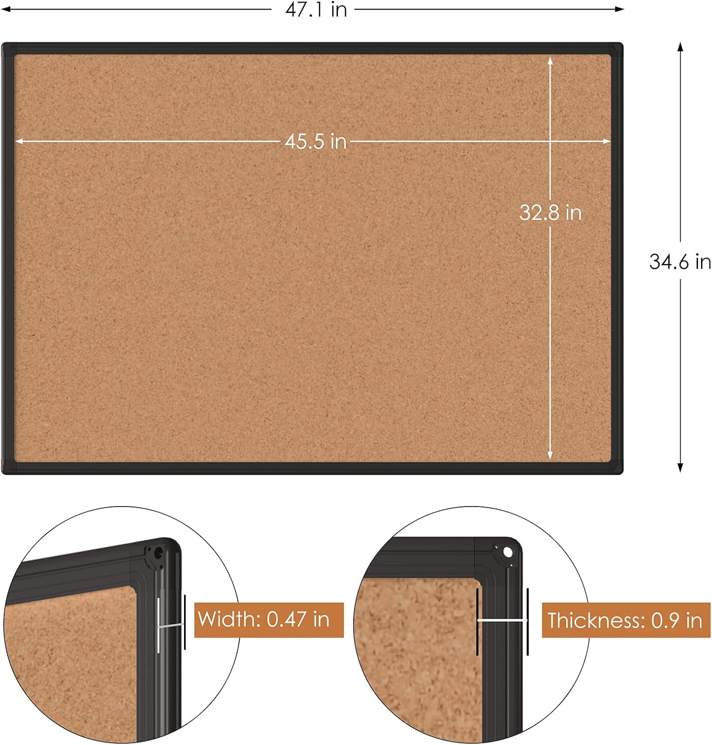 48 x 36, Black Aluminium Framed 4x3 Corkboard , Large Wall Mounted Notice Board with 18 Push Pins for School, Home & Office