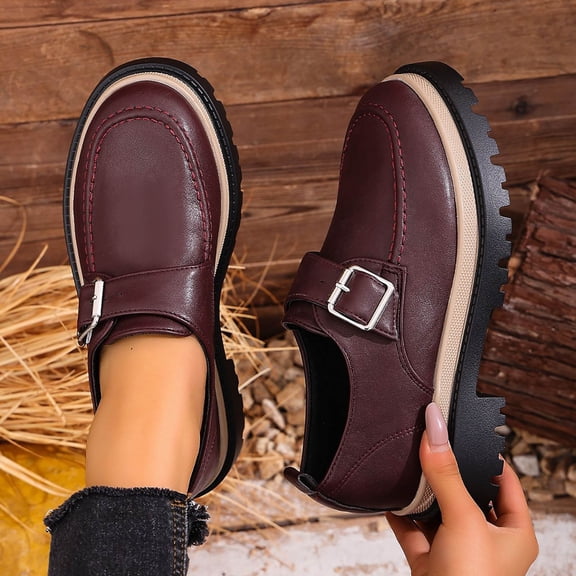 Women's Platform Loafers Wide Width, British Style Leather Buckle Casual Shoes, Chunky Sole Low Heel Dress Shoes for Fall, Burgundy/Black