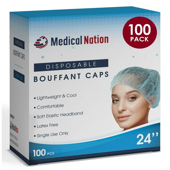 MEDICAL NATION 24" Disposable Bouffant Caps Hair Net | 100 Pack, Blue | Non-Woven, Non-Pleated Hairnets for Food Service, Labs, Medical, Work, Tattoo, Cooking | Blue, Size 24"