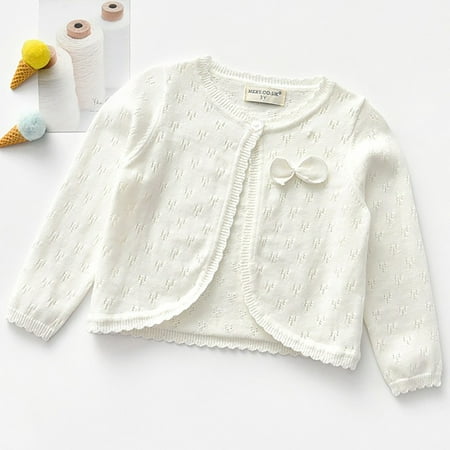 Stamzod Baby Girls Knit Sweaters Long Sleeve one Button Closure Toddler Cardigan Coats Hollow Out Solid Cute Kids Infant Shawl Cover Up with Bow on