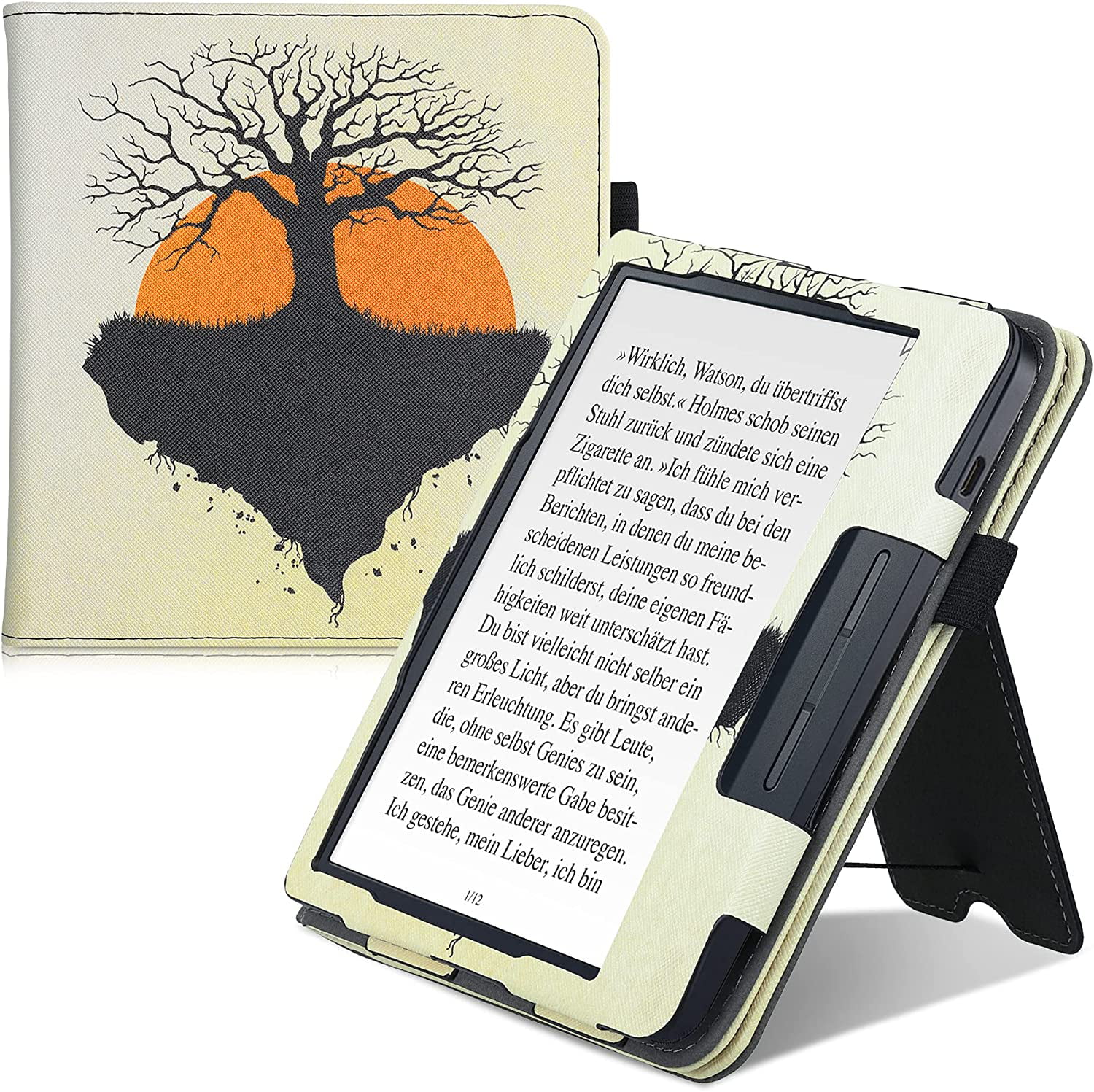 Strap Card Slot Setting Sun Black/Orange/Beige kwmobile Case Compatible with Kobo Libra H2O Stand Case PU Leather Cover with Magnet Closure