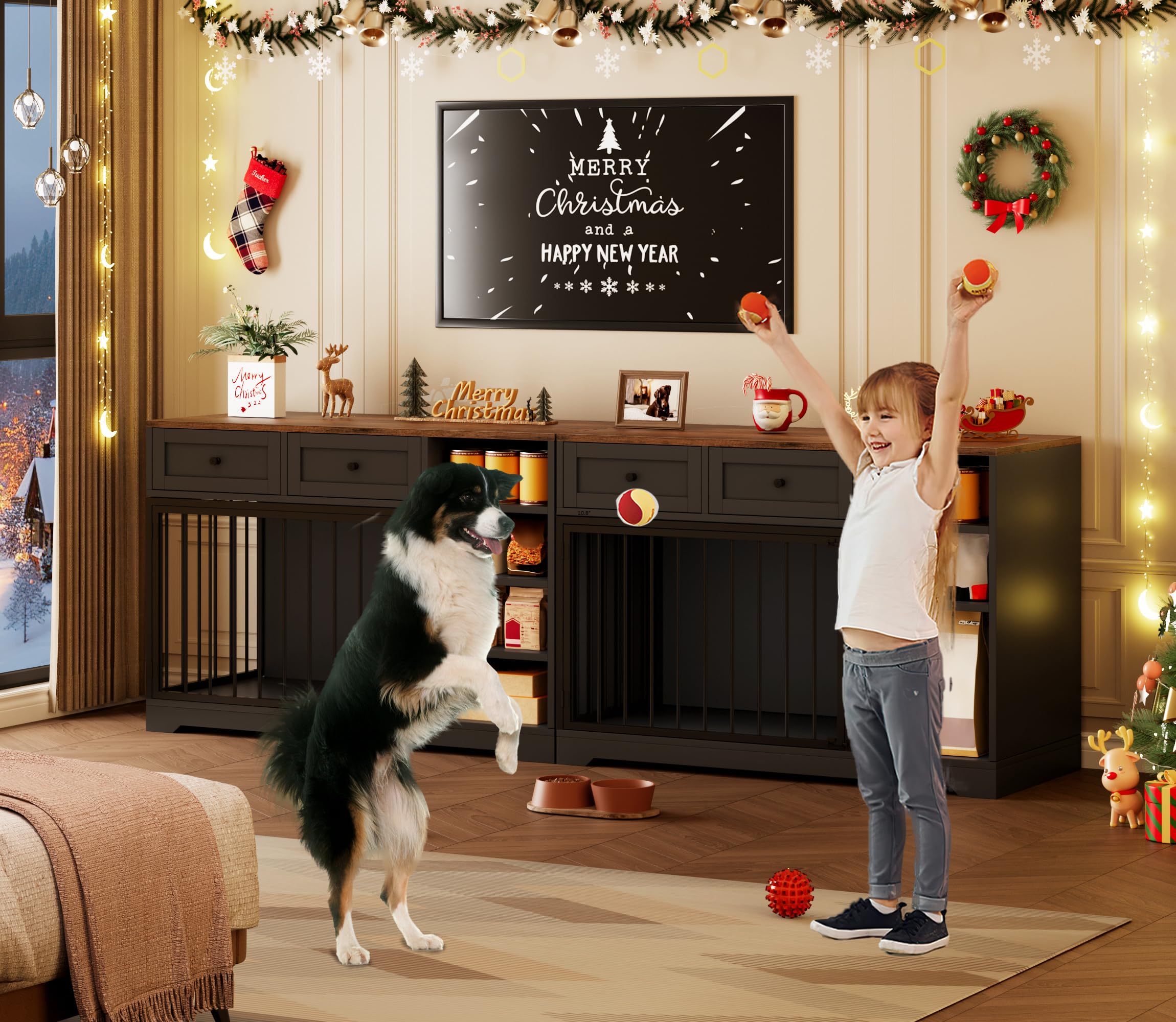 Litake Dog Crate Furniture 47”, Large Dog Crate TV Stand with 2 Drawers and 4 Shelves, Wooden Dog Kennel Indoor, Decorative Dog Cage with Storage for Large Dogs, Black