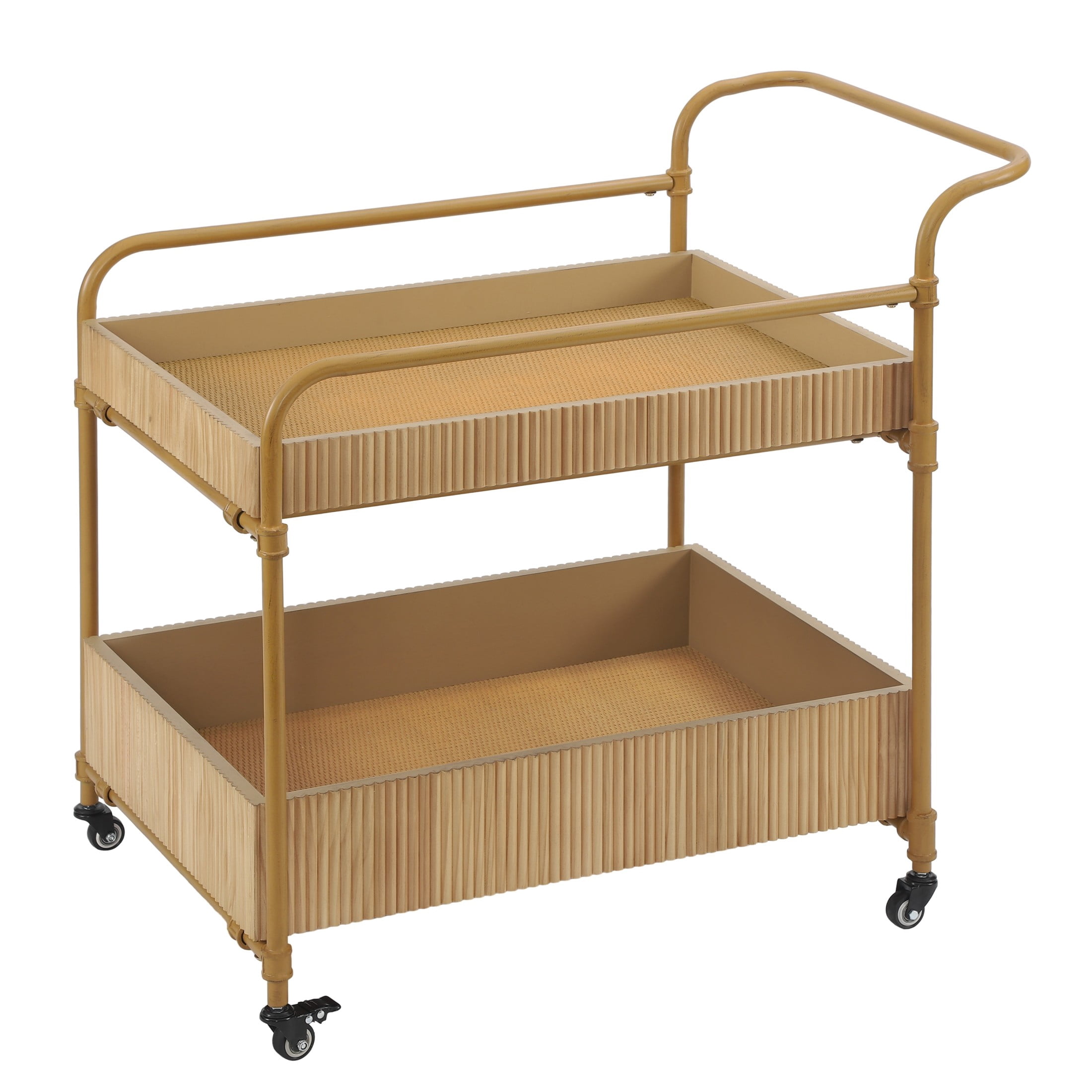 Christopher Knight Home 35" Rolling Bar Cart with 2-Tier Storage, Iron Frame and Wood Trays, Natural