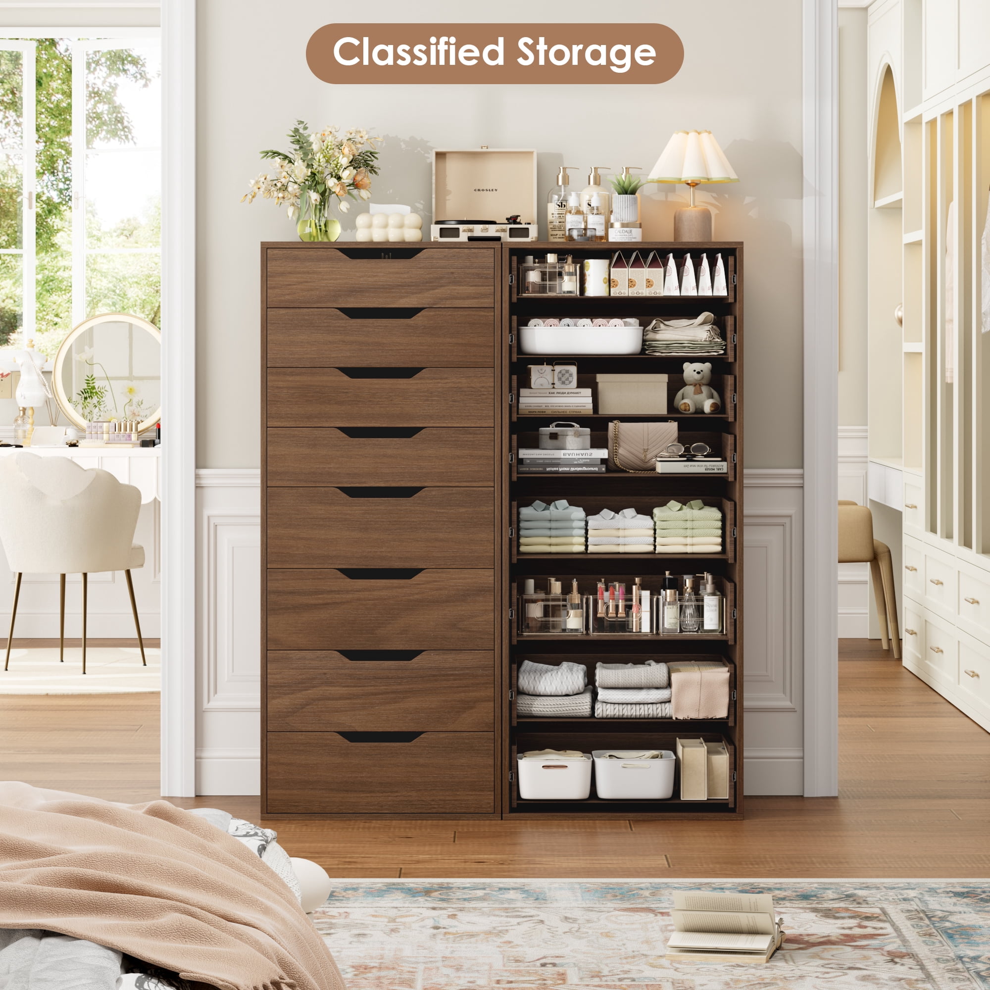 Homfa Compact 8 Drawer Bedroom Dresser for Small Spaces, Wood Tall Chest of Drawer, Walnut