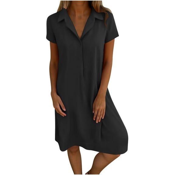 CHGBMOK Sundresses for Women 2025 Casual Spring and Summer Loose Short-sleeved V-neck Solid Color and Linen Shirt Dress Sizes S-3XL