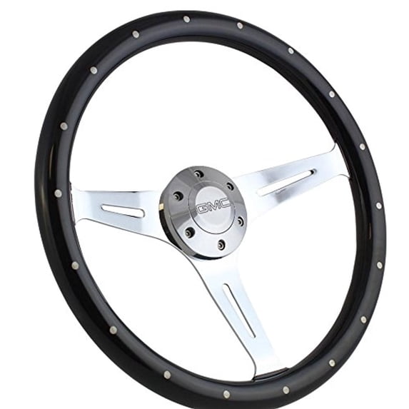380mm Black Wood Steering Wheel with Chrome Spokes and GMC Horn Button