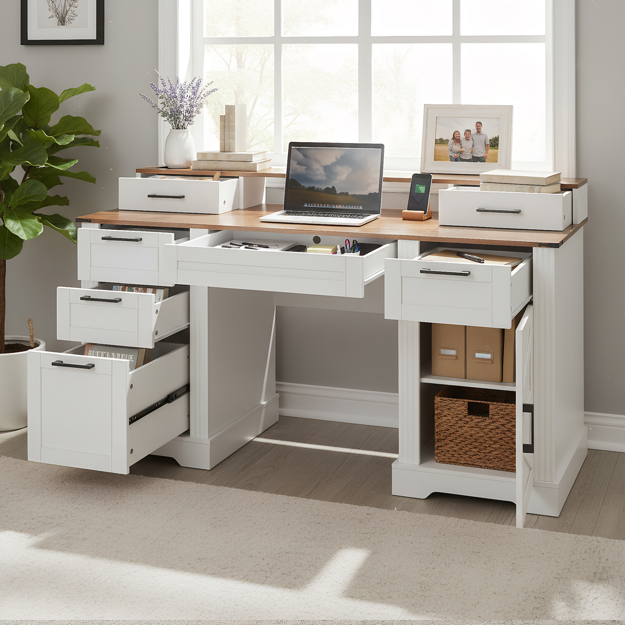 Mintazer 59" Farmhouse Office Desk with Charging Station & Storage Drawers, Computer Writing Desk with Monitor Stand & Keyboard Tray and File Cabinet for Study Living Room Home Office, White