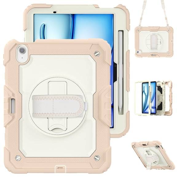 Junayo for iPad Air 11 Inch Case 2024 M2 (6th Gen) Heavy Duty Shockproof Protective Case with Screen Protector Stand and Hand Strap Shoulder Strap Beige Series