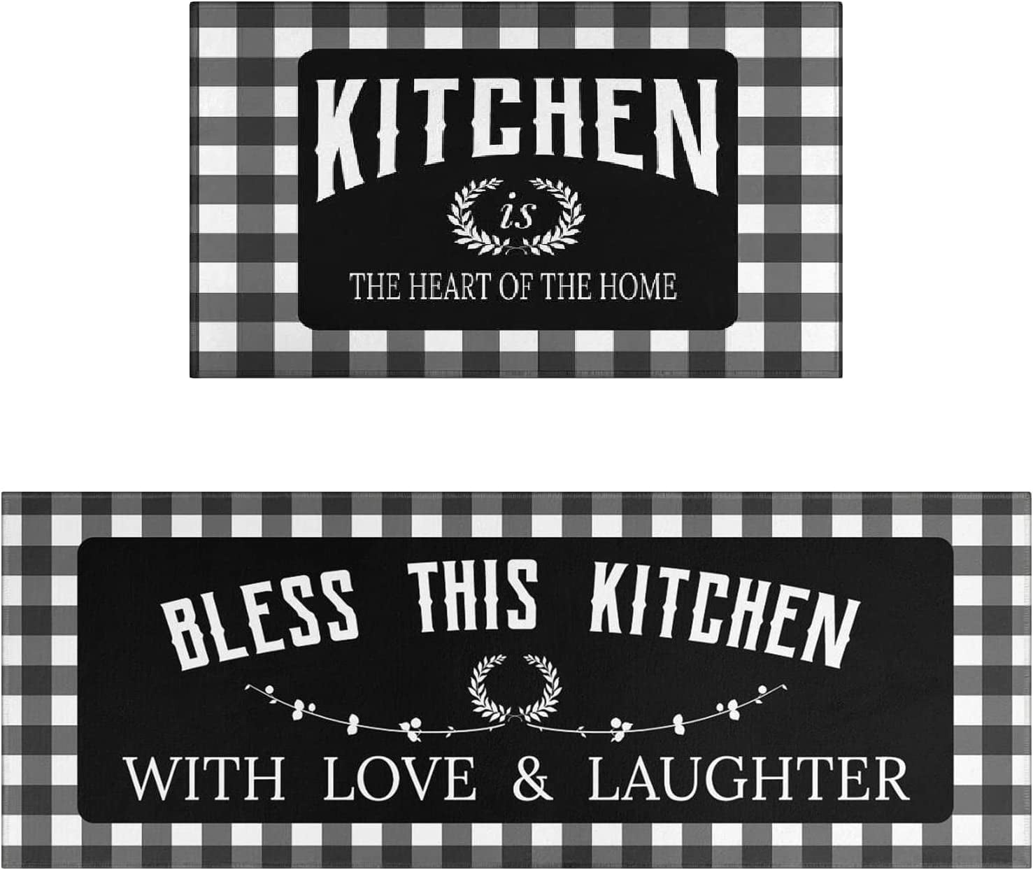 Black Kitchen Rugs and Mats Sets of 2,Black White Buffalo Plaid Kitchen