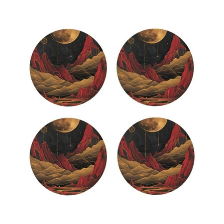 

Honeii Lunar Mountains Golden Rivers Print Leather Coaster Set of 4 Ideal for Safeguarding Your Furniture from Drinks Spills and Effortless Cleanup-Round Shape
