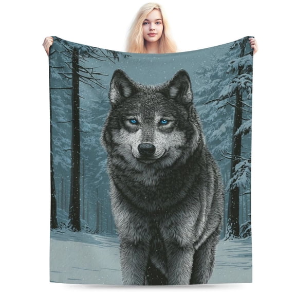 Majestic Wolf Throw Blanket, Realistic Winter Snow Wildlife Art Soft Flannel Fleece, Rustic Cabin and Lodge Decor for Sofa Bed 50x40