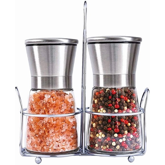 Set of 2 - Pepper Mill - Salt Mill - with stainless steel stand - good for pepper, salt or other spices - Refillable - manual - Spice Mill - 6.8*13.5cm - silver - pp