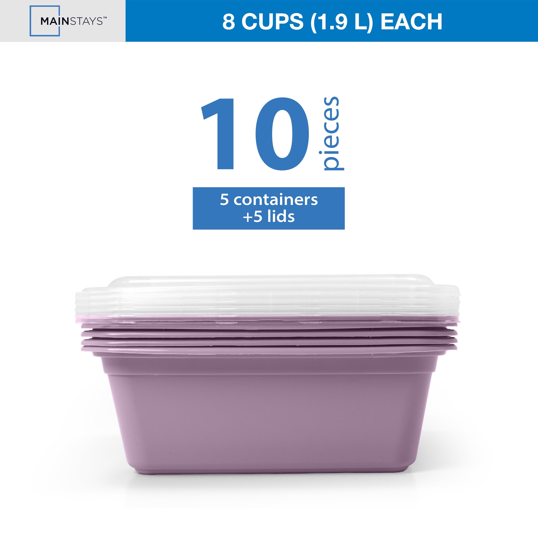 Mainstays 5-Pack Tall Square BPA-Free Plastic Meal Prep Food Storage Containers, 1.9L, Lilac Bloom