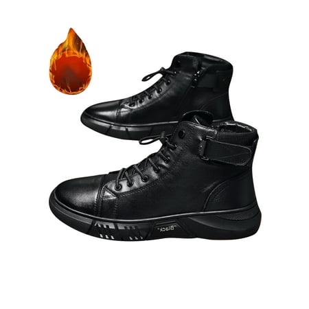 

Gomelly Mens Faux Leather Booties Lace Up Winter Boots Plush Lined Ankle Boot Non Slip Warm Bootie Work Office Shoes Plush Lining Black 8