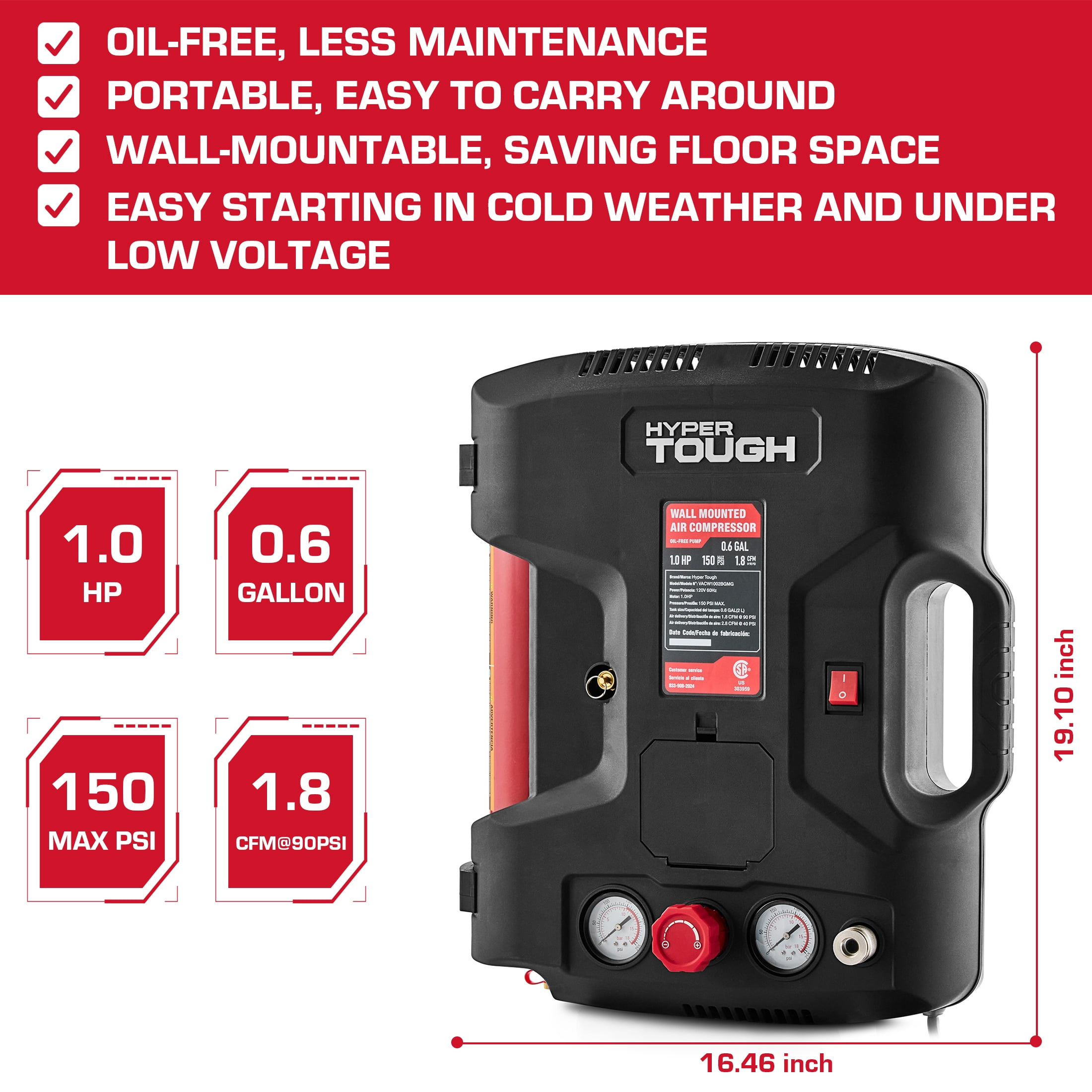 Hyper Tough 0.6-Gallon Oil Free Wall-Mount Air Compressor, 150 PSI