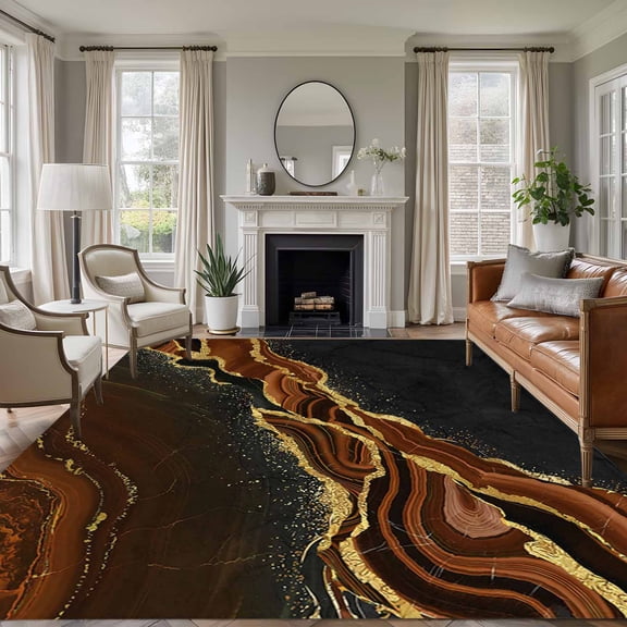 5x8 Area Rugs, Brown Marble Non-Skid Rubber Backing Large Rectangle Rugs - Living Room Bedroom Home Office, Gold Abstract Vintage Modern Ombre Art Indoor Floor Mat Carpets Washable Rug