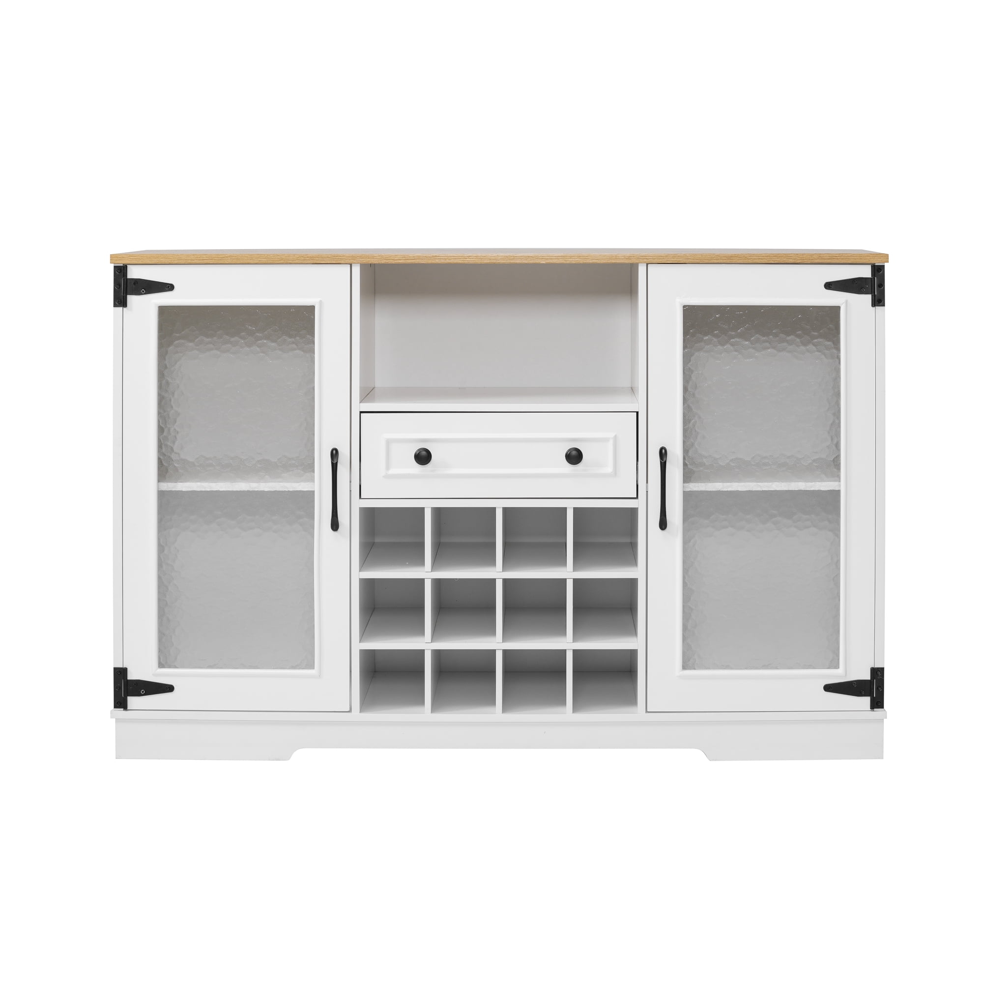 Euroco Coffee Bar Cabinet with Drop Leaf, Liquor Wine Bar Cabinet with LED Lights,Glass Doors,12 Wine Racks,1 Drawer & Open Shelf,Farmhouse Kitchen Cabinet for Dining Room,Natural+White