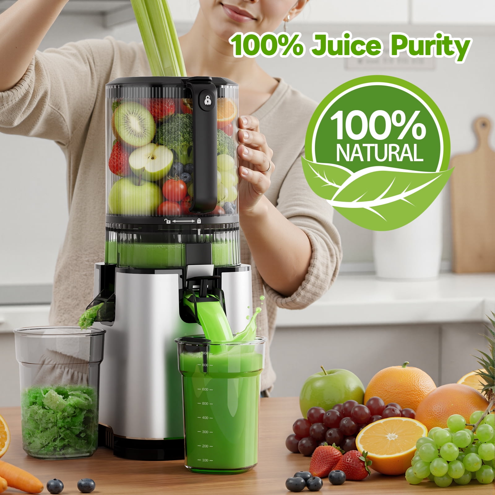 Aeitto Cold Press Juicer, Juicer Machines with 5.9" Extra Wide Feed Chute, 3-IN-1 Strainers (Juice & Sorbet & Nut Milk), Slow Masticating Juicer Easy to Clean, High Juice Yield