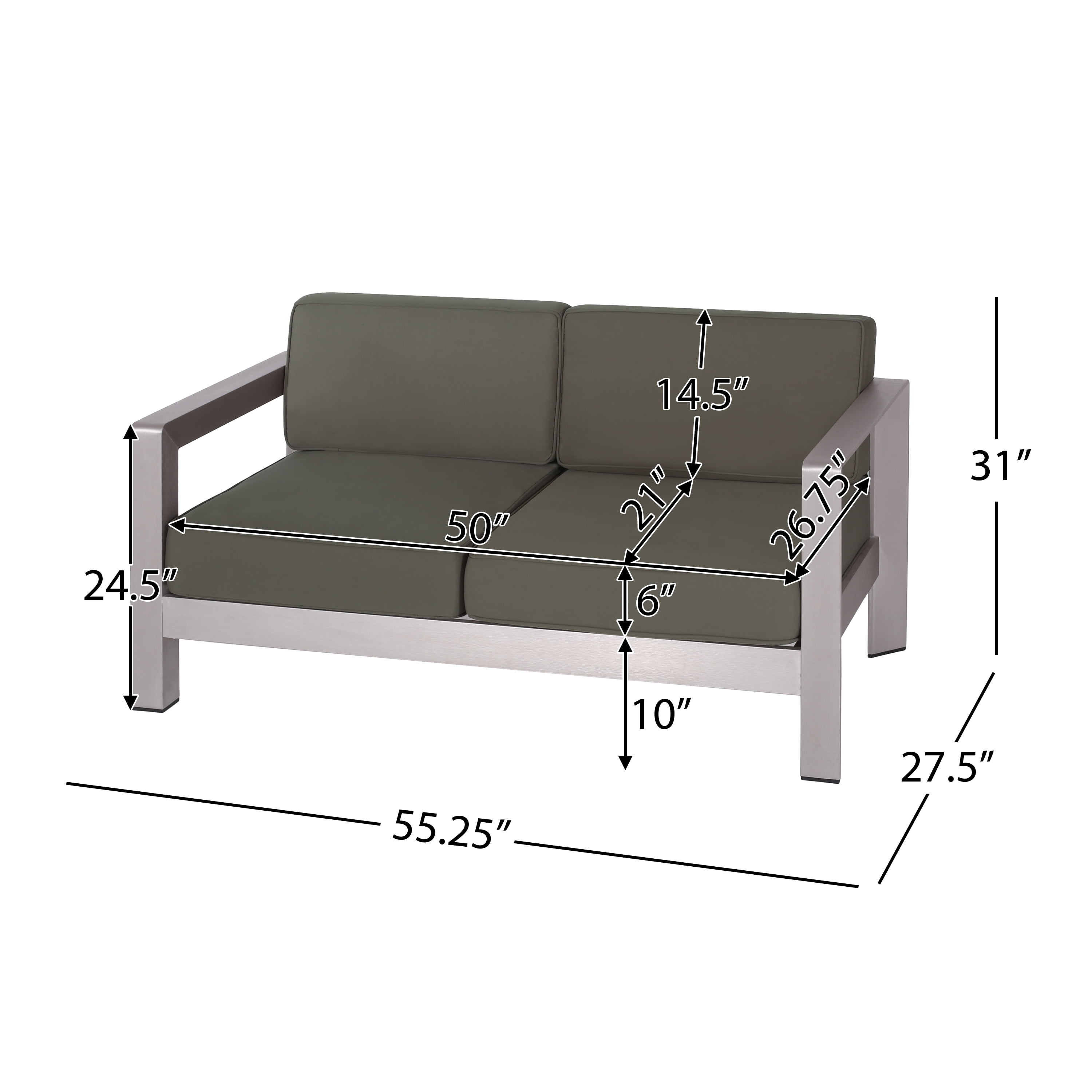 Outdoor Double Seat Loveseat, All Aluminum Frame Leisure Sofa for Patio Garden, Gray
