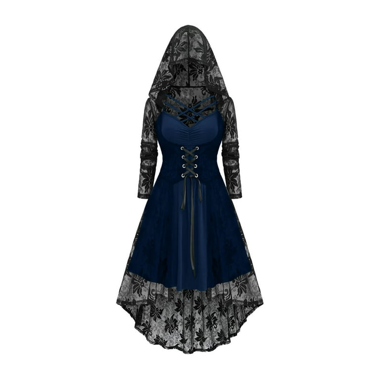 QATAINLAV Women's Gothic Hooded Dresses Lace-Up Front Long Sleeve Flowy Hem  Midi Dress Ladies Halloween Witch Costumes,Blue,S - Walmart.com