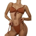 thumbnail image 4 of Gureui 3Pcs Women Split Swimsuit Set, Solid Color Sleeveless Bikini with Ruffles+Lace-up Panties+See-through Mesh Cover Ups, 4 of 7