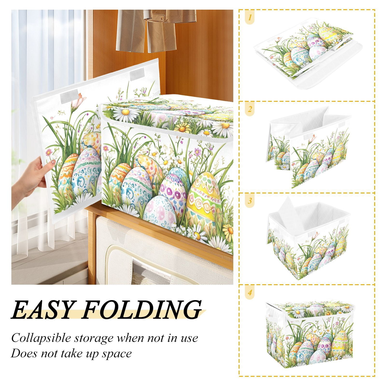 Easter Eggs Flowers Storage Basket for Shelves Foldable Container Organizer for Organizing Toys Clothes Books with Handles