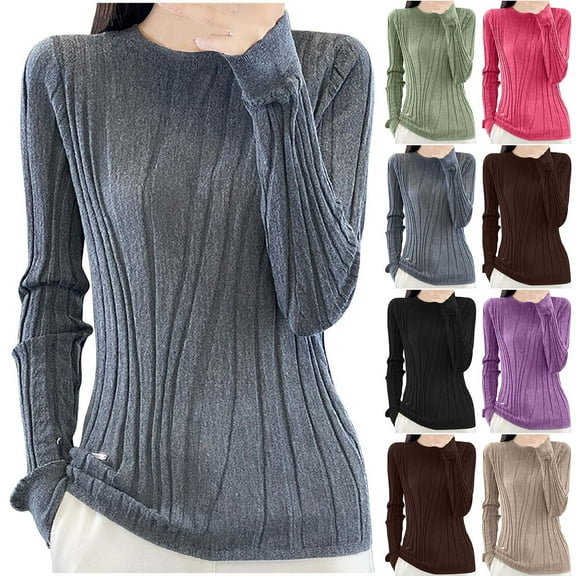 Ashirexll Sweaters for Women Trendy, Pullover Sweaters for Women, Women's Fashion Casual Round Neck Long Sleeve Pullover Solid Color Loose Knit Sweater Top