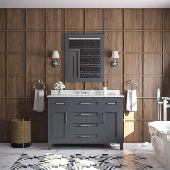 Pemberly Row 48" Bathroom Vanity in Dark Charcoal with White Countertop & Mirror