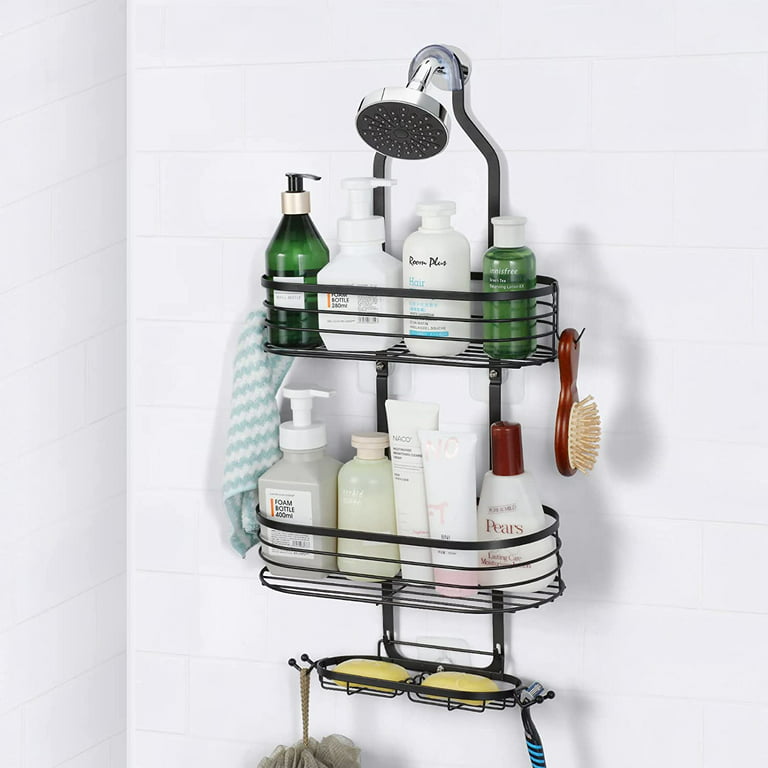 Oumilen Bathroom Hanging Shower Caddy, Shower Organizer Shelves with 4-Hooks, Black