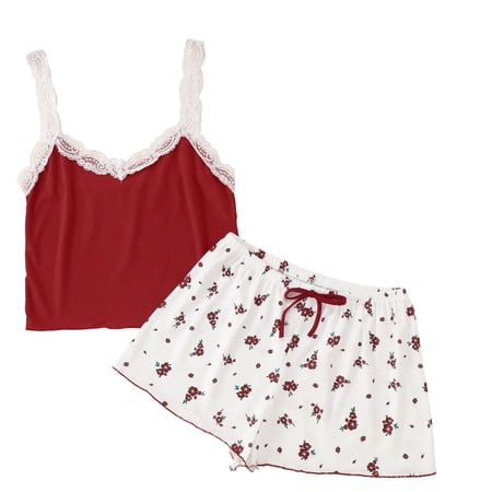 BRICH Women s Cute 2 Piece Pajama Sets Ruffle Trim Cami Top and Shorts Sleepwear Set M