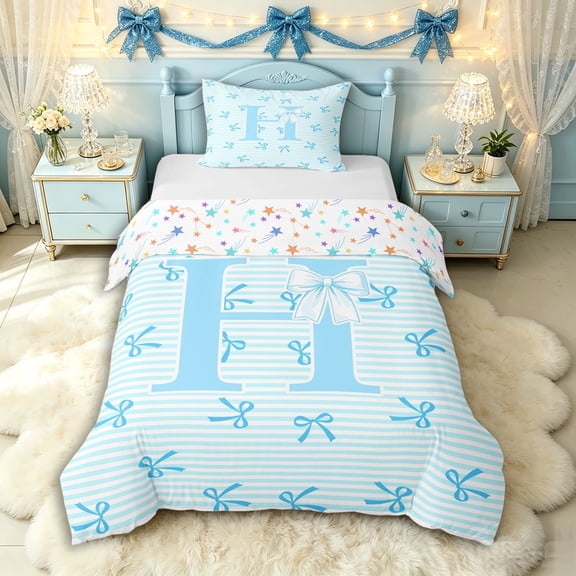 Manfei Kids Blue Letter Monogrammed H Twin Bedding,Cartoon Bowknot Stripes Duvet Cover Set for Teens Girls,Breathable Home Decor,2pcs,No Comforter