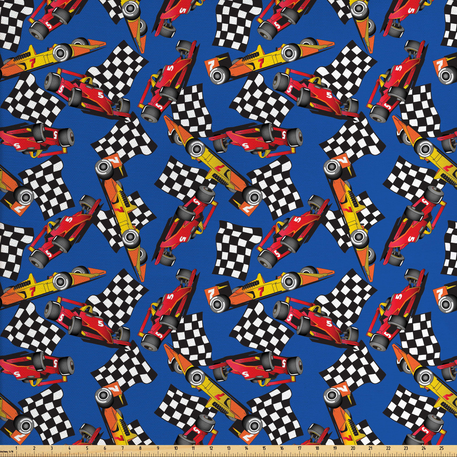 Race Car Fabric by The Yard, Cartoon Style Interpretation of Checkered