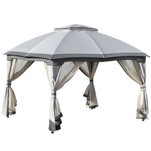 Miekor Furniture 10' x 12' Outdoor Gazebo, Patio Gazebo Canopy Shelter w/ Double Vented Roof, Zippered Mesh Sidewalls, Solid Steel Frame, Grey 2547