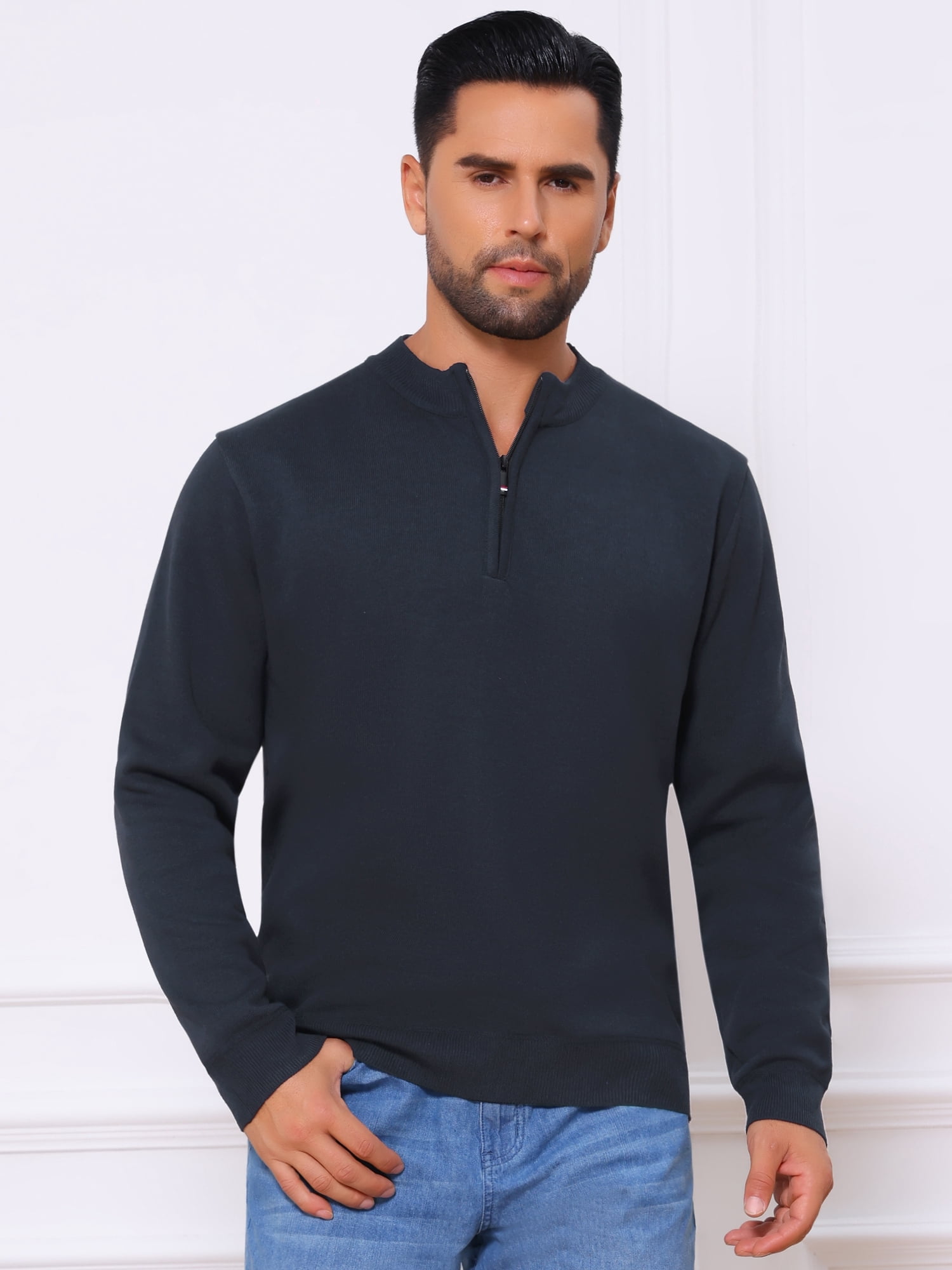 DARING DIVA Men's Mock Neck Pullover Quarter Zip Knitted Polo Sweater M Dark Blue