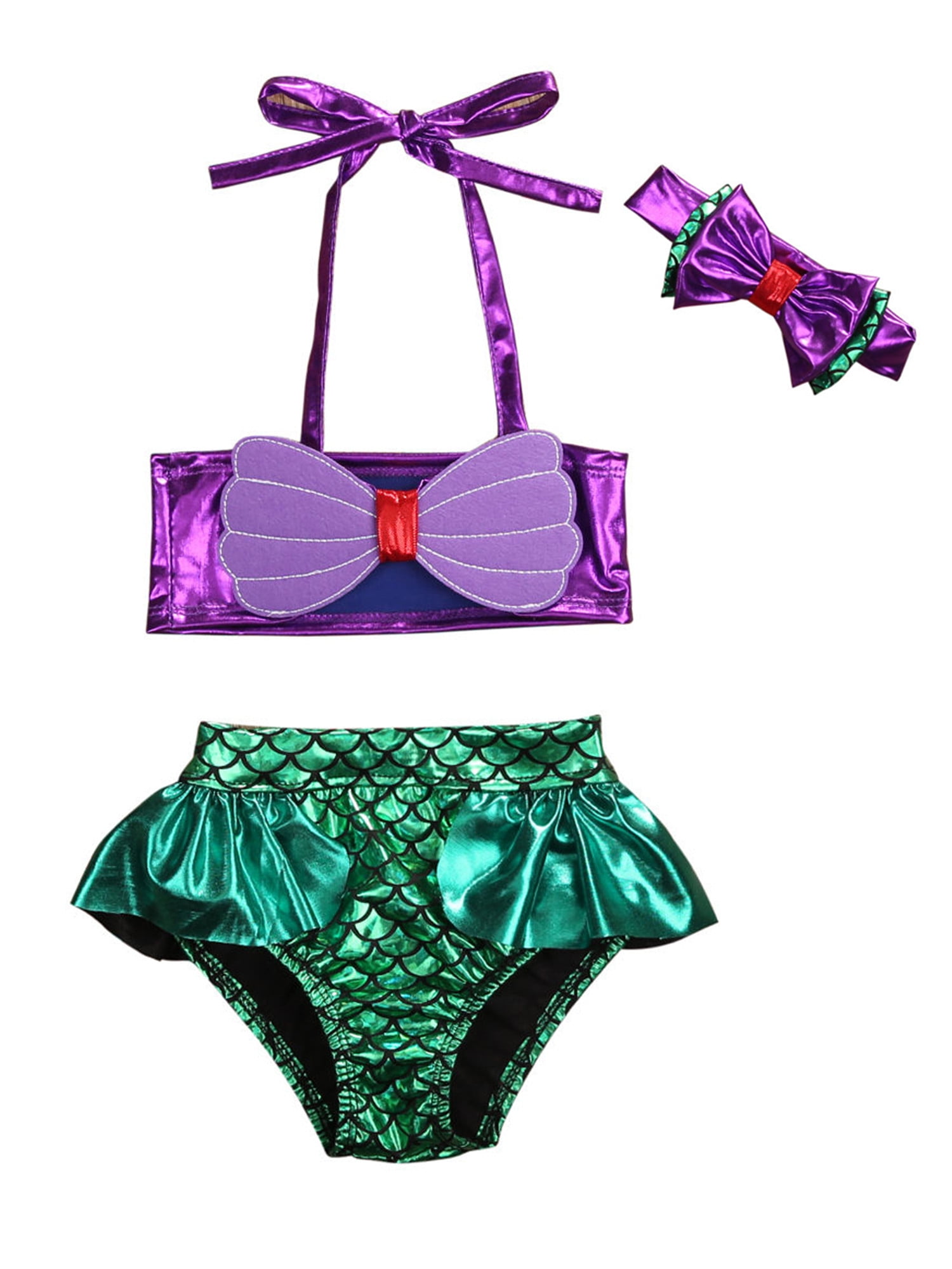 2Pcs Kids Girl Mermaid Swimwear Swimsuit Beachwear Swimming Costume Headband Set 