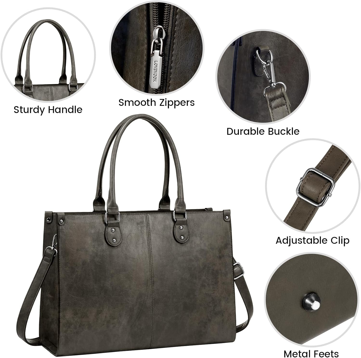 LOVEVOOK Laptop Tote Bag for Women, 15.6 Inch Large Capacity Vintage Leather Work Computer Bag, Business Casual Shoulder Handbag, Dark Brown