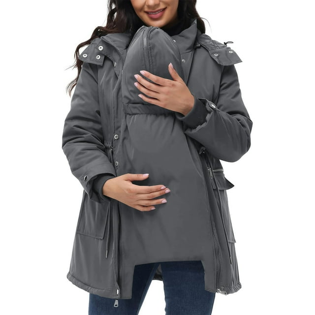 yardsong Parka de Maternité 3 en 1 à Capuche pour Femmes - Manteau Matelassé Chaud Imperméable avec Doublure Matelassée Amovible Gris Foncé,S