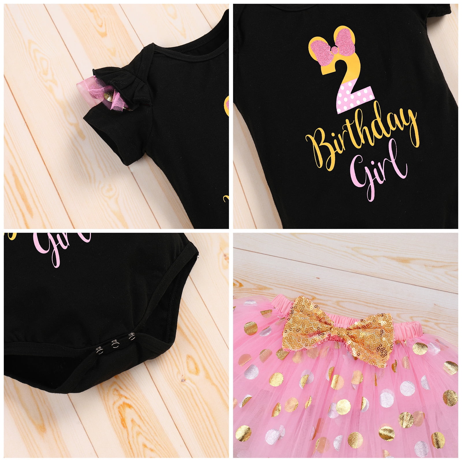 IBTOM CASTLE Toddler Girls 1st 2nd 3rd Birthday Outfit Princess Polka Dots Ruffle Tutu Skirt Mouse Headband Cake Smash Party Clothes Set 2 Years Black + Pink