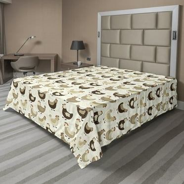 Chicken Flat Sheet, Farming Village Animals with Polka Dots Retro Pattern Agriculture Theme, Soft Comfortable Top Sheet Decorative Bedding 1 Piece, Queen Size, White Brown, by Ambesonne